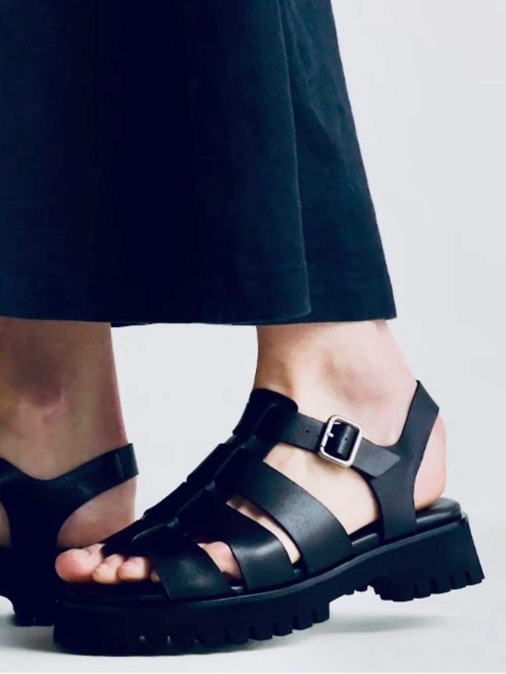 Quince Italian Black Strappy Fisherman Sandals with Buckle